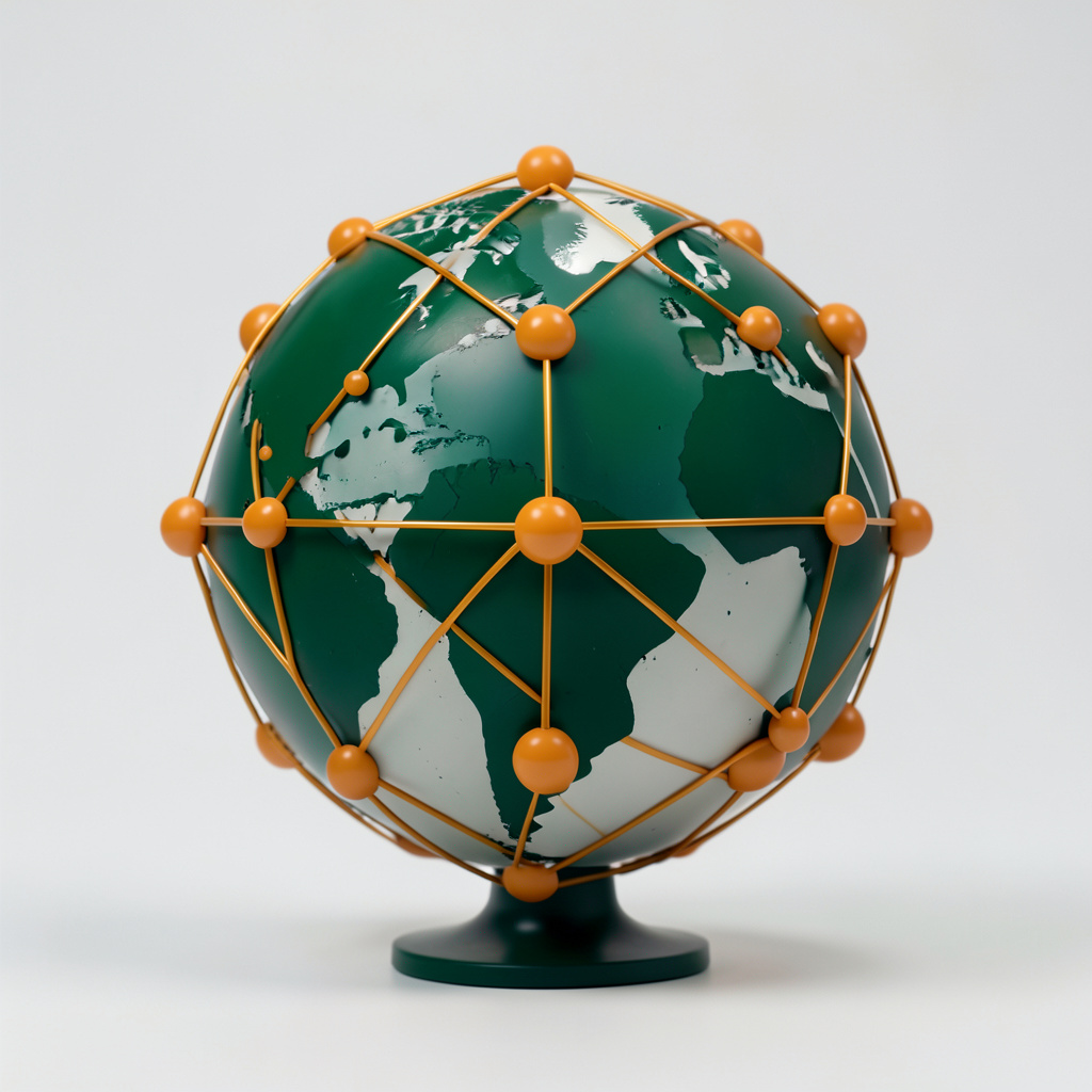 A stylised globe with connecting nodes in amber and deep green, suggesting international creative networking