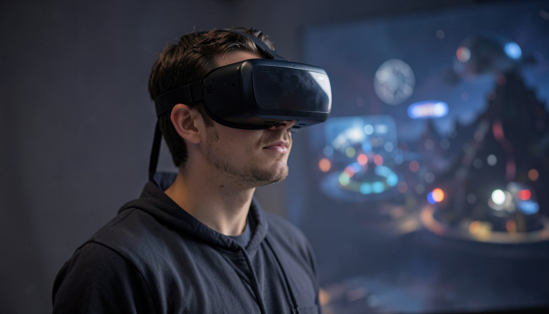 A person wearing a VR headset in a softly lit studio, exploring a virtual world