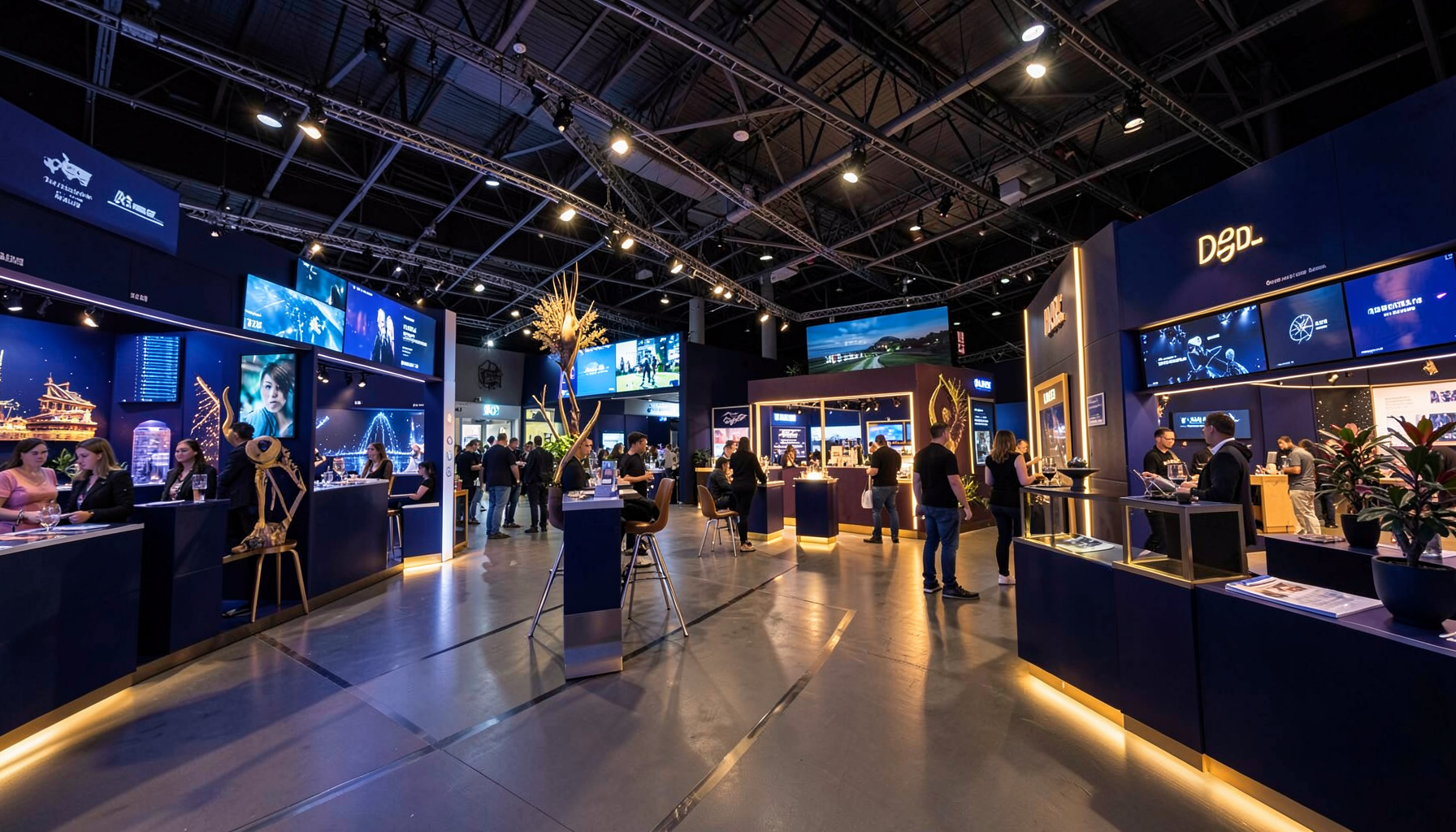 A vibrant expo hall with digital screens and creative installations, deep navy and warm gold tones