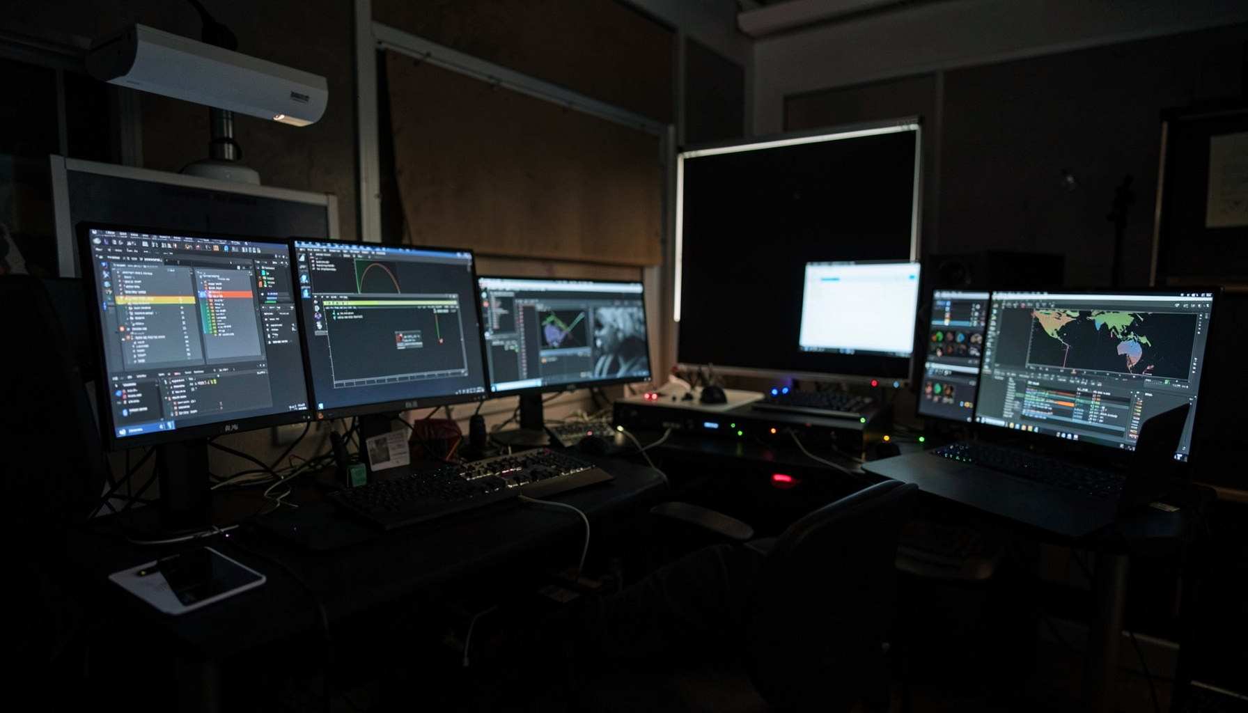 Behind-the-scenes of a digital production, screens and equipment in a dimly lit creative studio