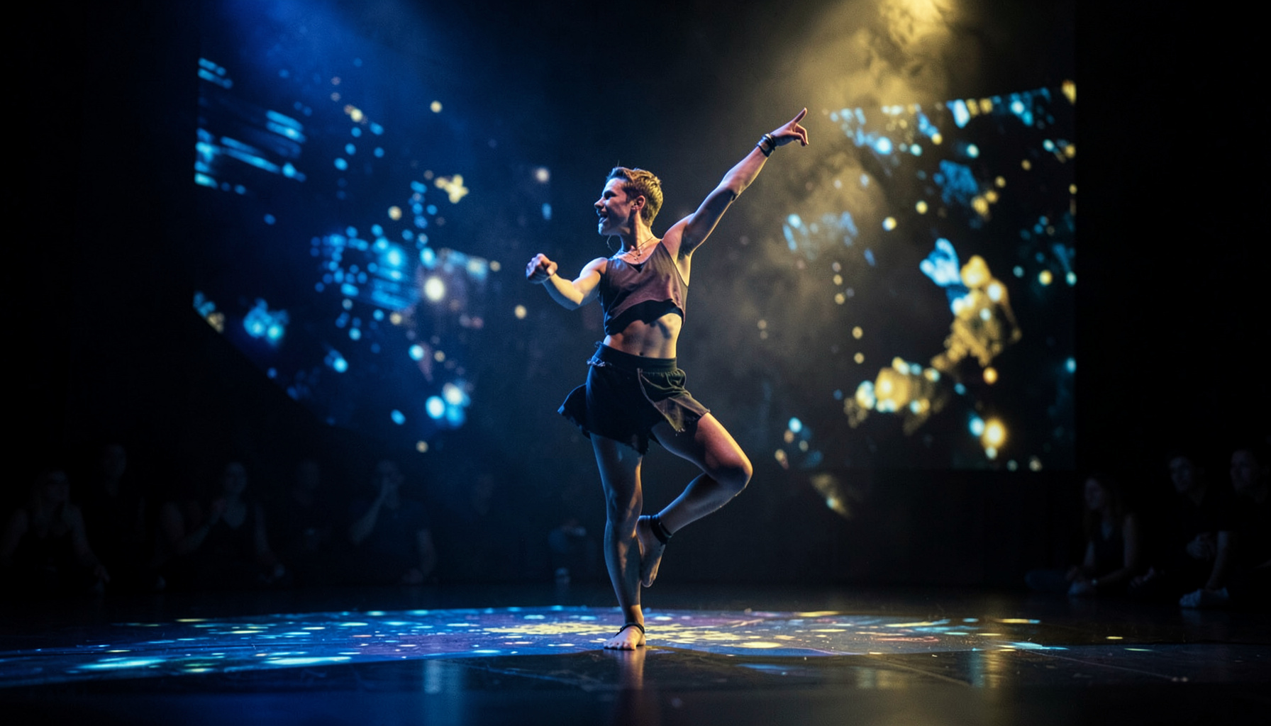A dancer performing on a stage with digital projections, moody blue and gold atmosphere