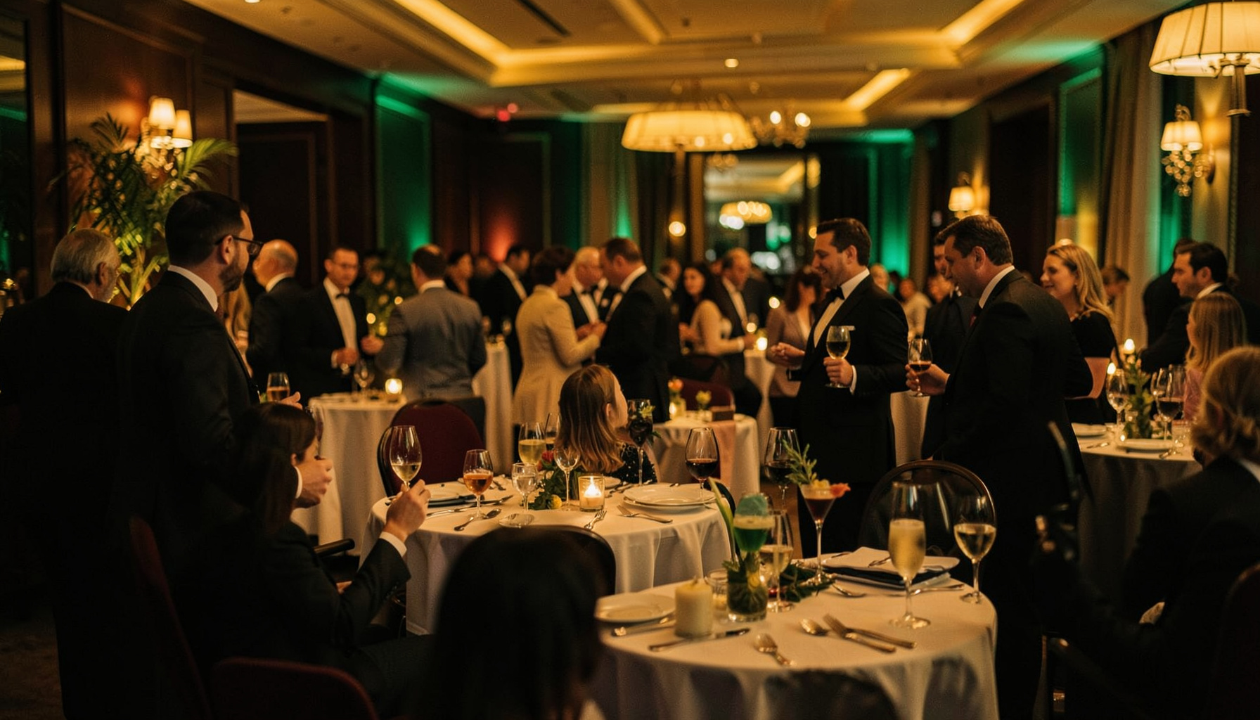 A networking reception with warm amber lighting and deep green accents, cosmopolitan atmosphere