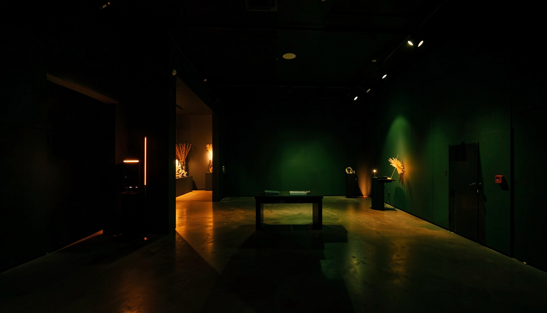 A dark atmospheric exhibition space with warm amber accent lighting and deep green tones, suggesting a creative industries showcase