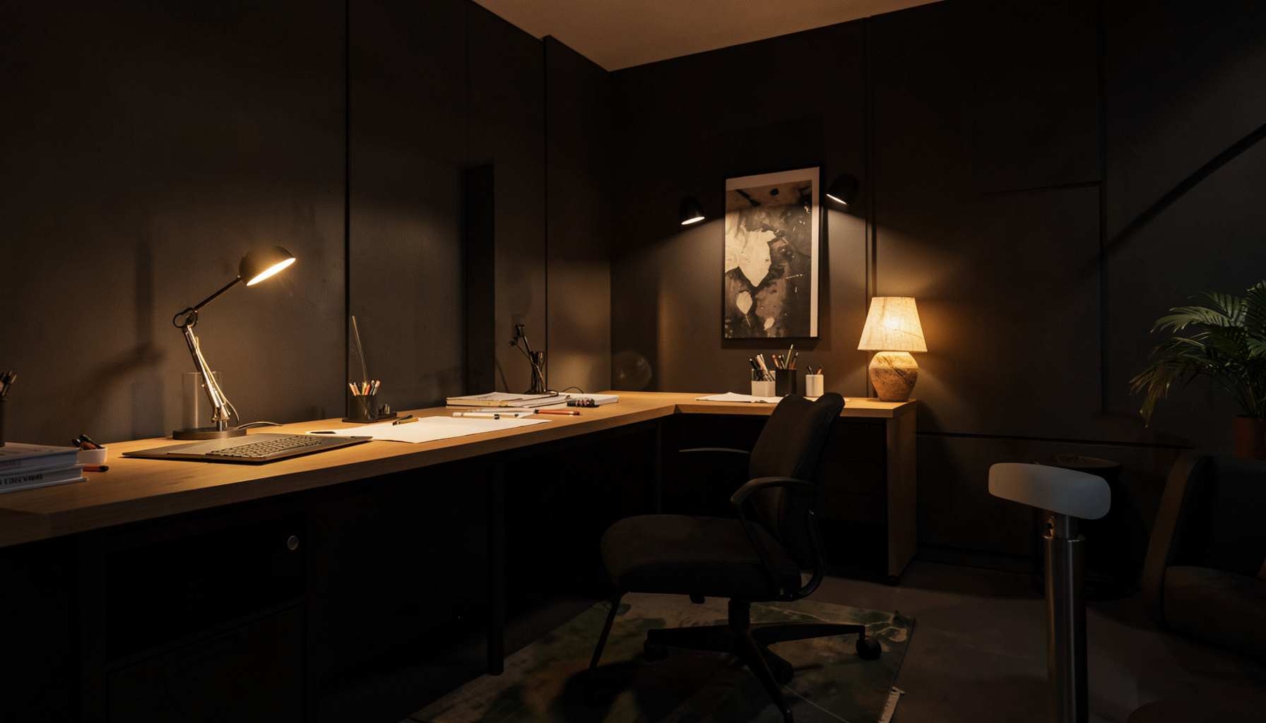 A softly lit creative workspace with warm amber accents and deep charcoal shadows, evoking a refined networking atmosphere
