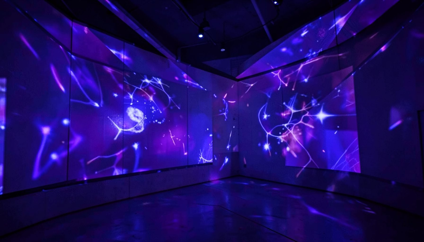 An immersive digital environment with layered projections and deep purple-blue lighting